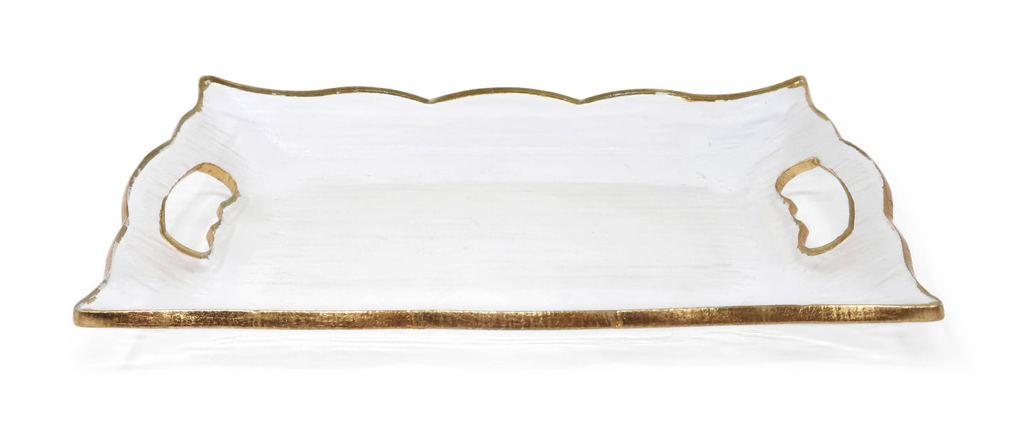 Medium Rectangular Glass Tray with Handles and Gold Rim