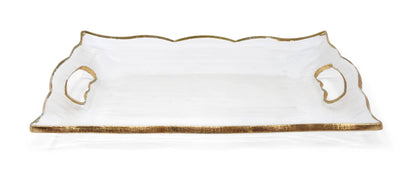 Medium Rectangular Glass Tray with Handles and Gold Rim