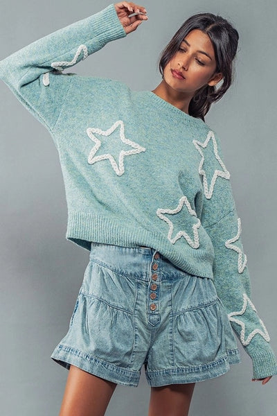 Mint Embroidered Starry Knit Sweater