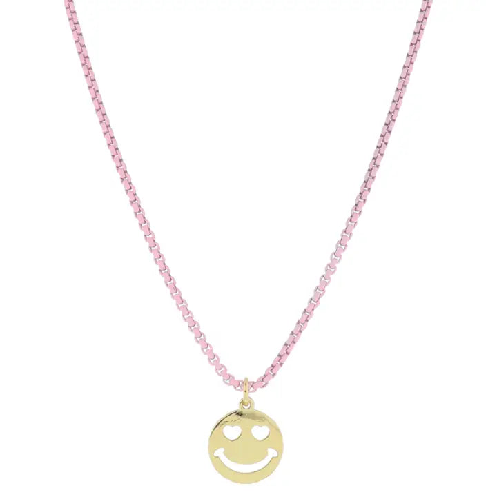 Kids Pink Box Chain with Gold Heart Eye Happy Face Necklace