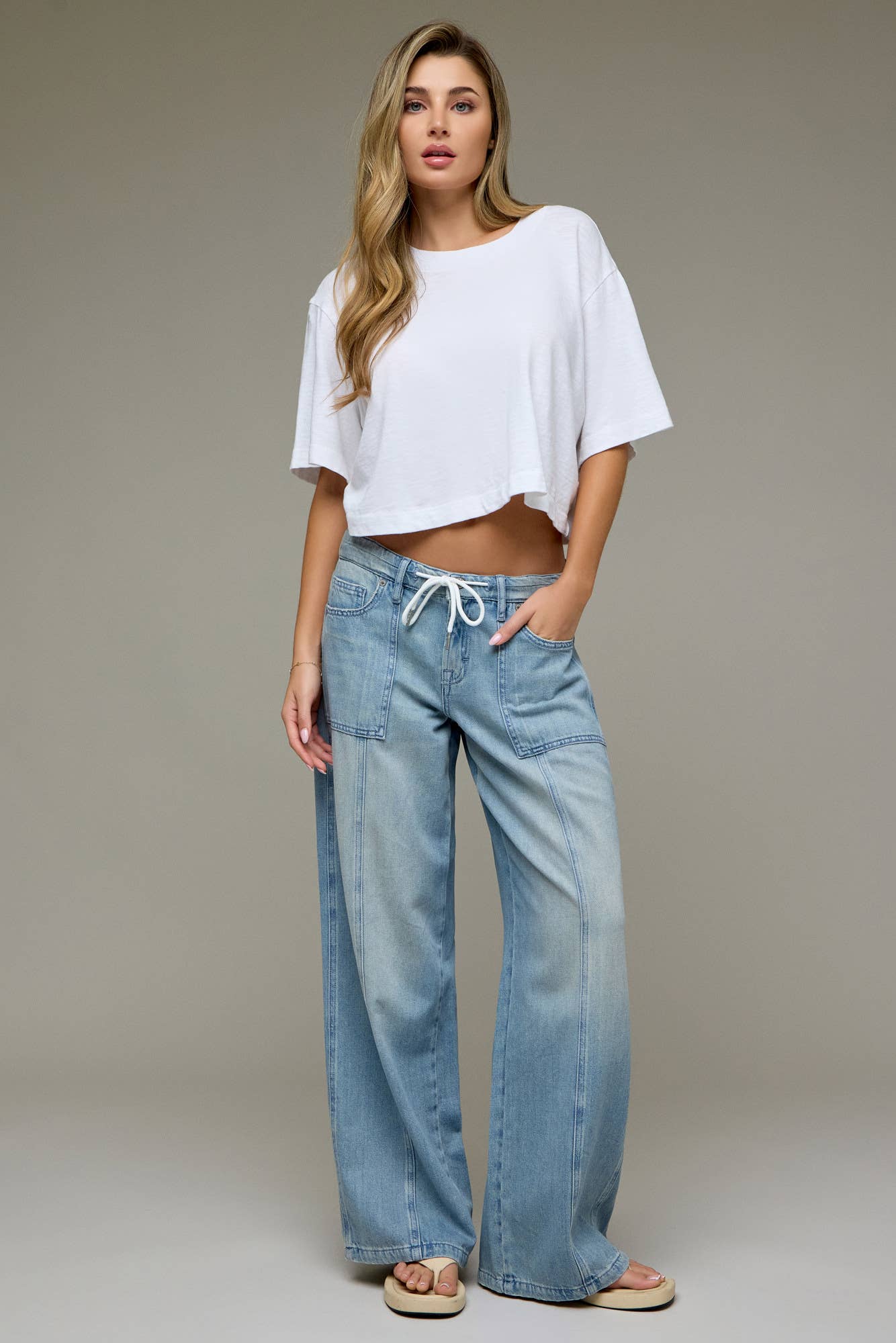 Vintage Drawstring Mid Rise Wide Leg Jeans