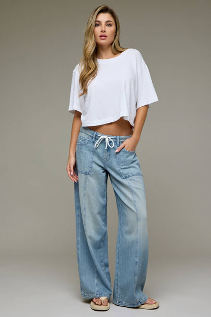 Vintage Drawstring Mid Rise Wide Leg Jeans