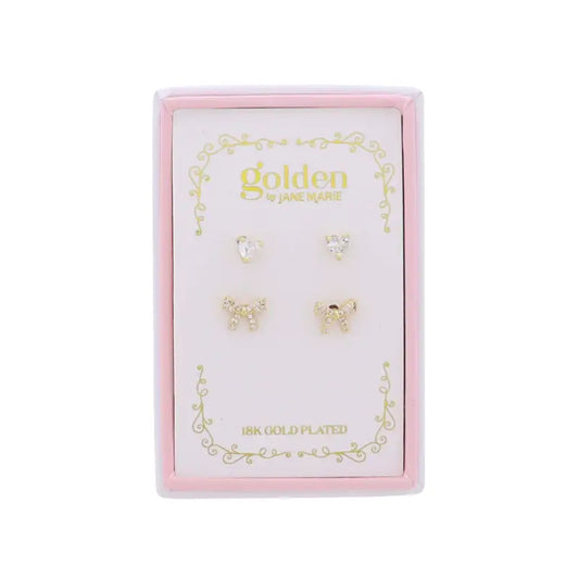 Kids 18K Gold Plated Heart & Bow Stud Earrings