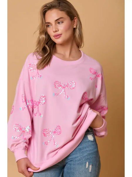 Pink Sequin Bow French Terry Pullover