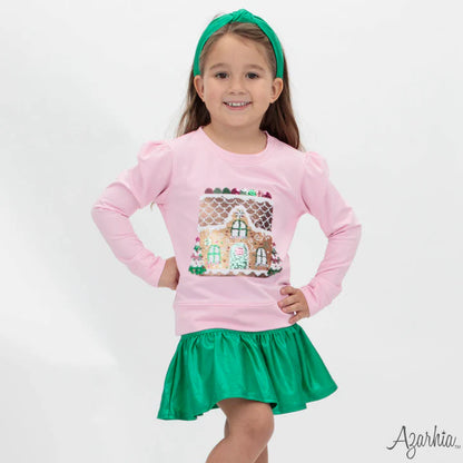 Youth Pink Gingerbread House Sequin Holly Top
