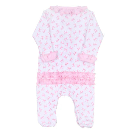 Pink Baby Bows Print Ruffle Footie