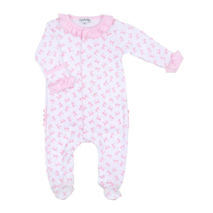Pink Baby Bows Print Ruffle Footie