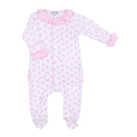 Pink Baby Bows Print Ruffle Footie