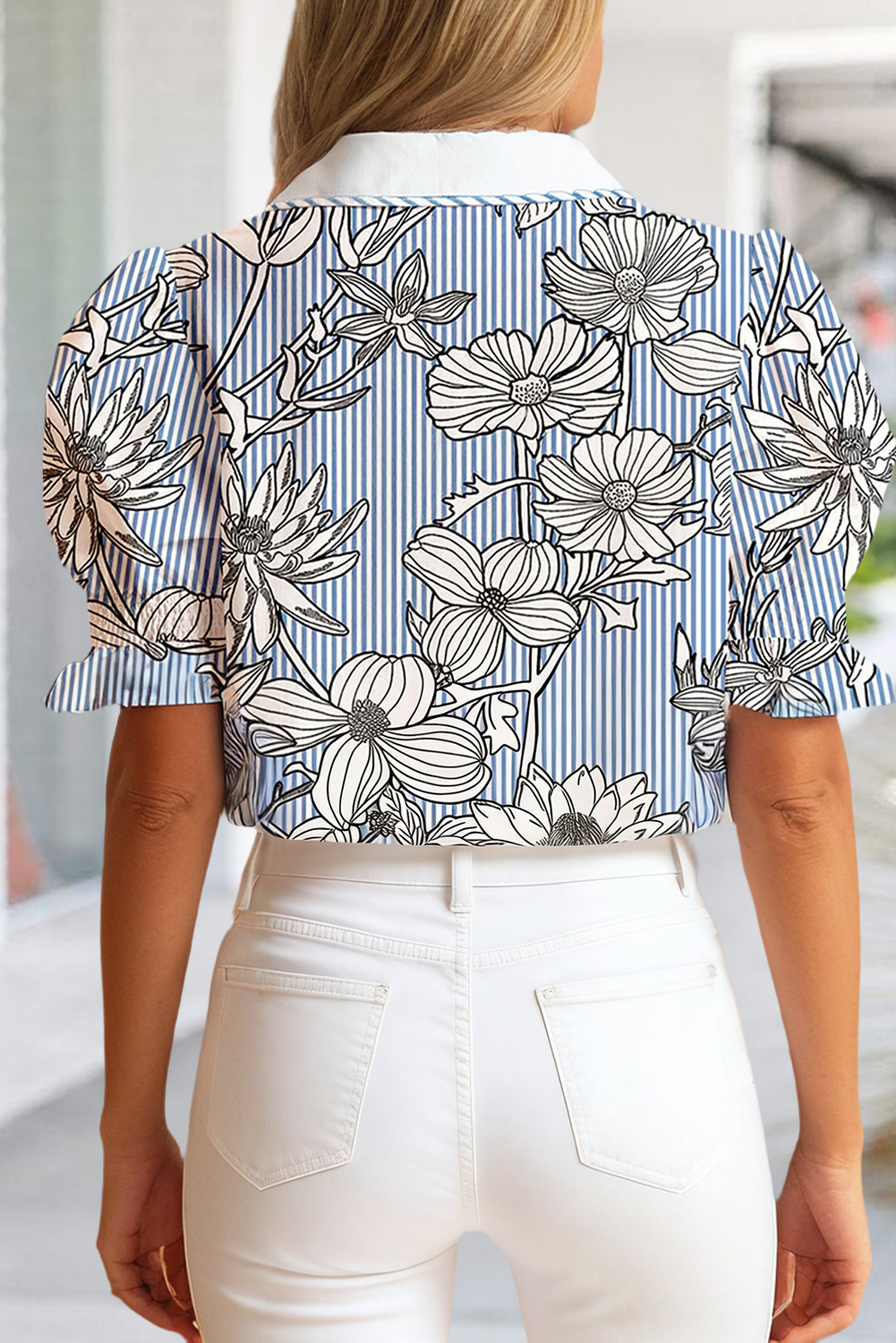 Sky Blue Floral Stripe Print Collar Blouse
