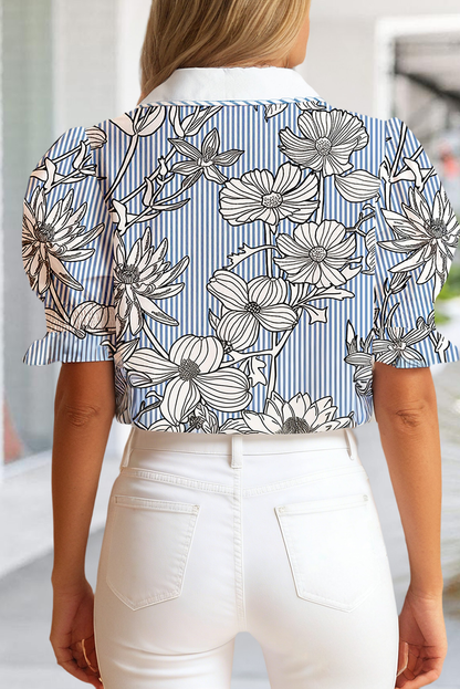 Sky Blue Floral Stripe Print Collar Blouse