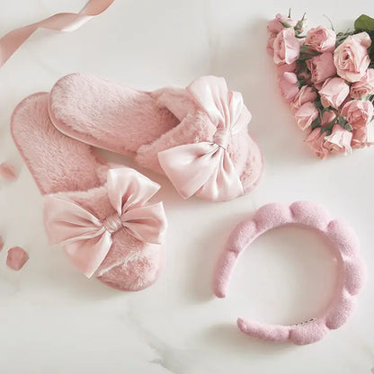 Light Blush Bow Plush Slippers