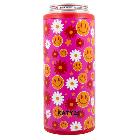 Red Flower Happy Face Slim Can Cooler