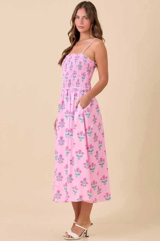 Pink Midi Smocking Floral Dress