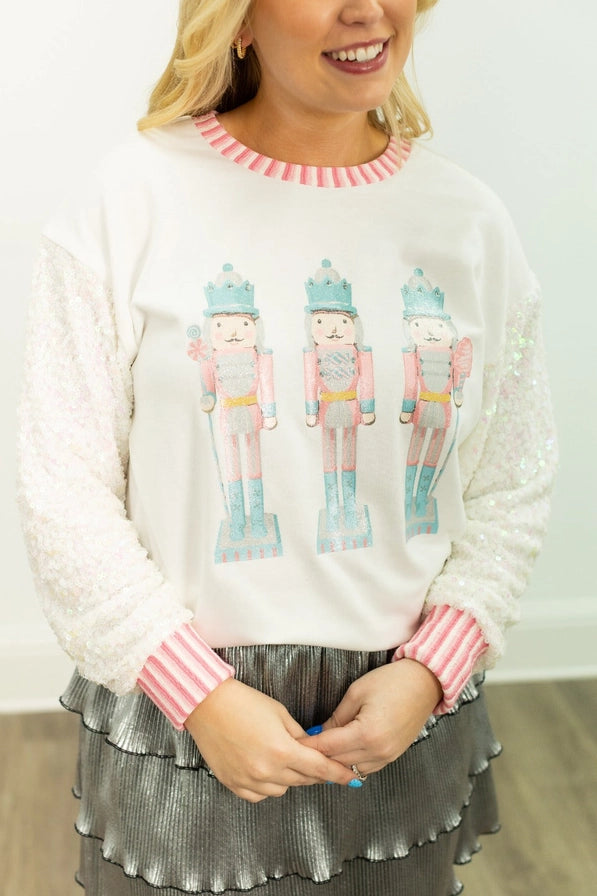 White Glitter Nutcrackers Top with Sequin Sleeves