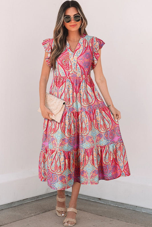Paisley Print Linley Ruffled Sleeve Midi Dress