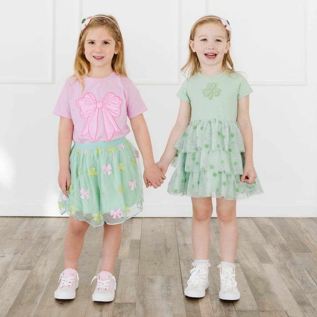 Pink Bow Sequin Patch Short Sleeve T-Shirt