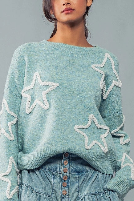 Mint Embroidered Starry Knit Sweater