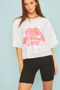 White Sequin Howdy Cowboy Hat Top