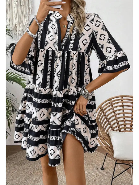 Black & White Geometric Josie Ruffle Dress