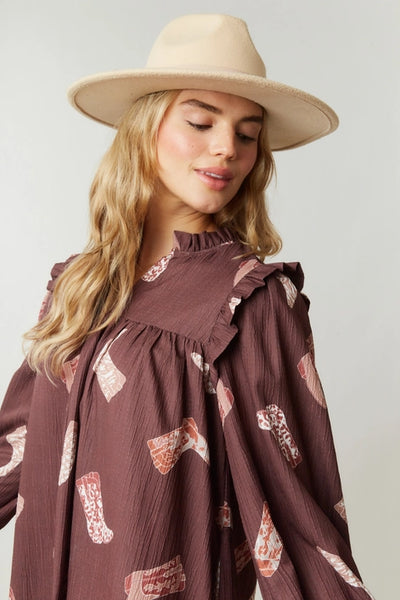 Brown Cowgirl Boots Mini Dress