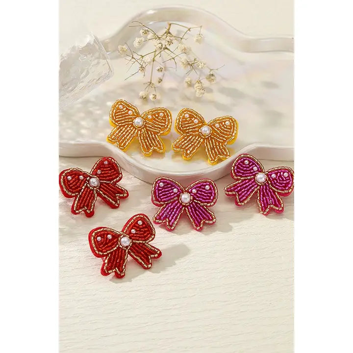 Seed Bead Bow Ribbon Beaded Earrings