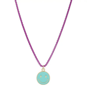 Kids Magenta Box Chain & Turquoise Happy Face Disc Necklace