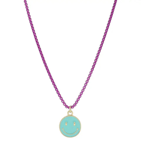 Kids Magenta Box Chain & Turquoise Happy Face Disc Necklace