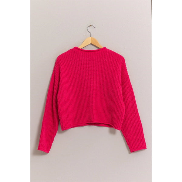 Raspberry Aria Rolled Edge Sweater