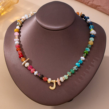 Multi Gemstone Chip Initial Charm Necklace