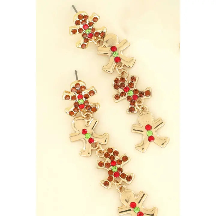 Rhinestone Gingerbread Themed Long Drop Earrings