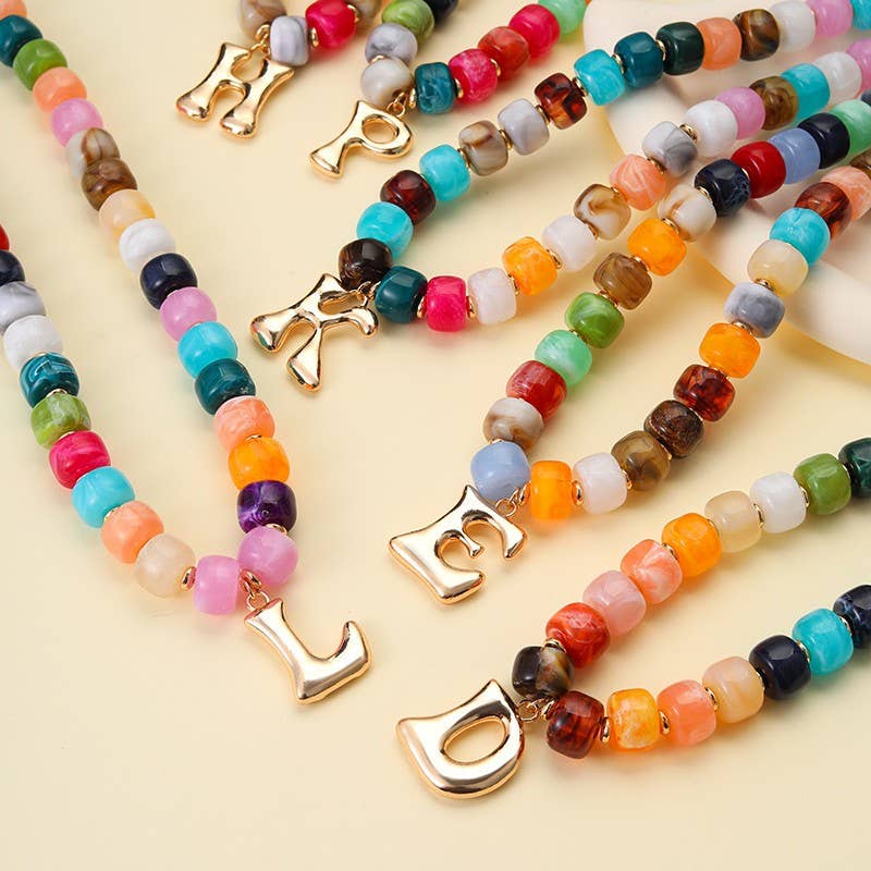 Multi Chunky Beaded Initial Charm Necklace