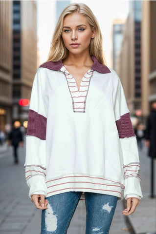 Burgundy & White Striped Ezla Top