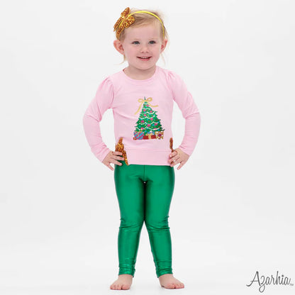 Youth Pink Christmas Tree Glitter Holly Top