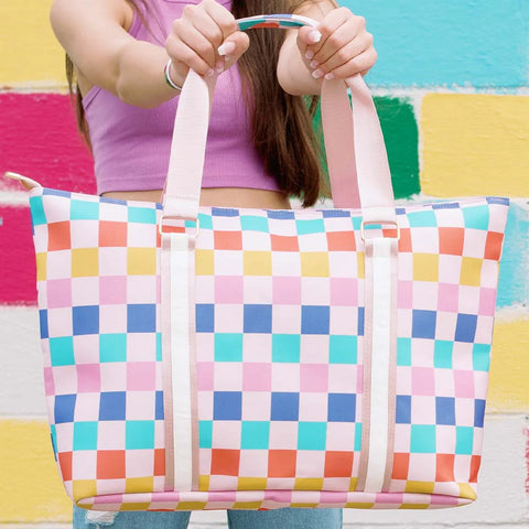Multicolored Checkered Print Beach Tote Bag