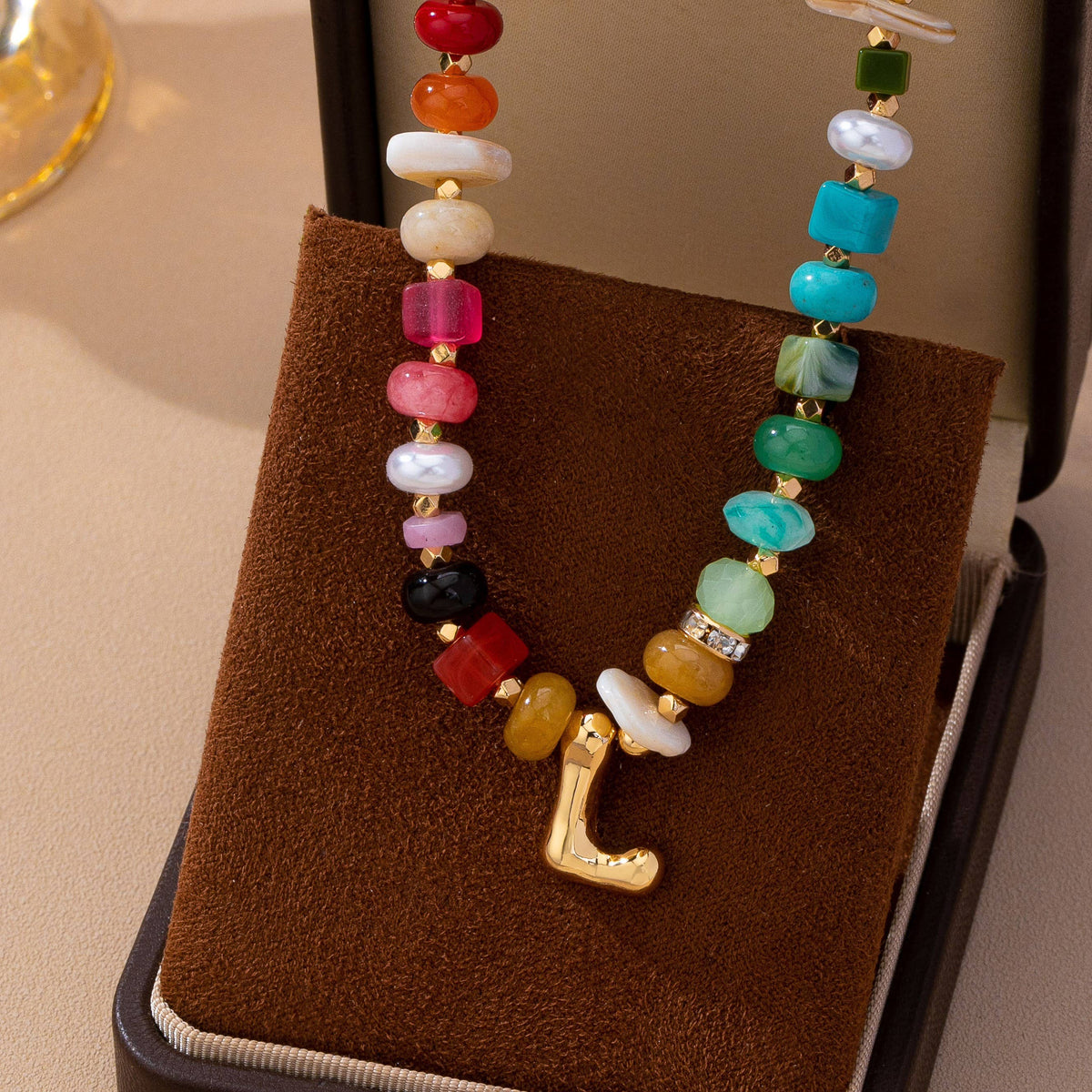 Multi Gemstone Chip Initial Charm Necklace