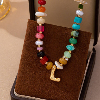 Multi Gemstone Chip Initial Charm Necklace