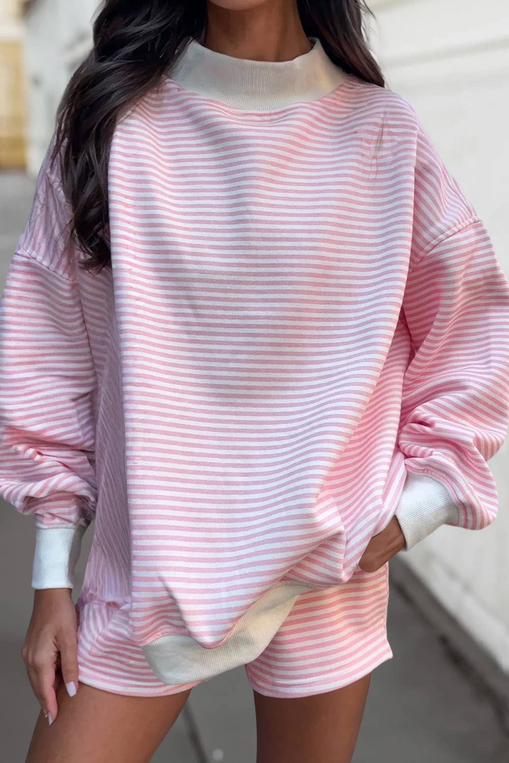 Light Pink Stripe Mock Neck Sweatshirt & Shorts Set
