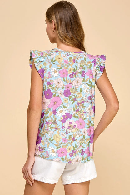 Light Blue Floral Ellie Top with Ruffled Sleeves