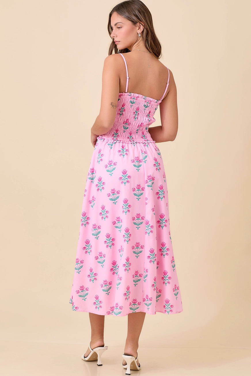 Pink Midi Smocking Floral Dress