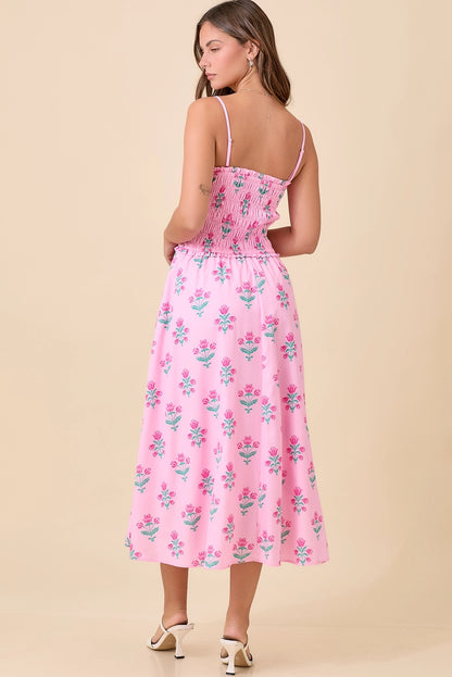 Pink Midi Smocking Floral Dress