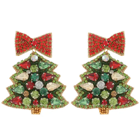 Red & Green Bejeweled Christmas Tree Earrings