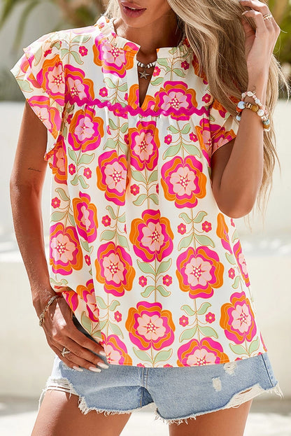Rose Floral Ric Rac Sophia Ruffle Sleeve Blouse