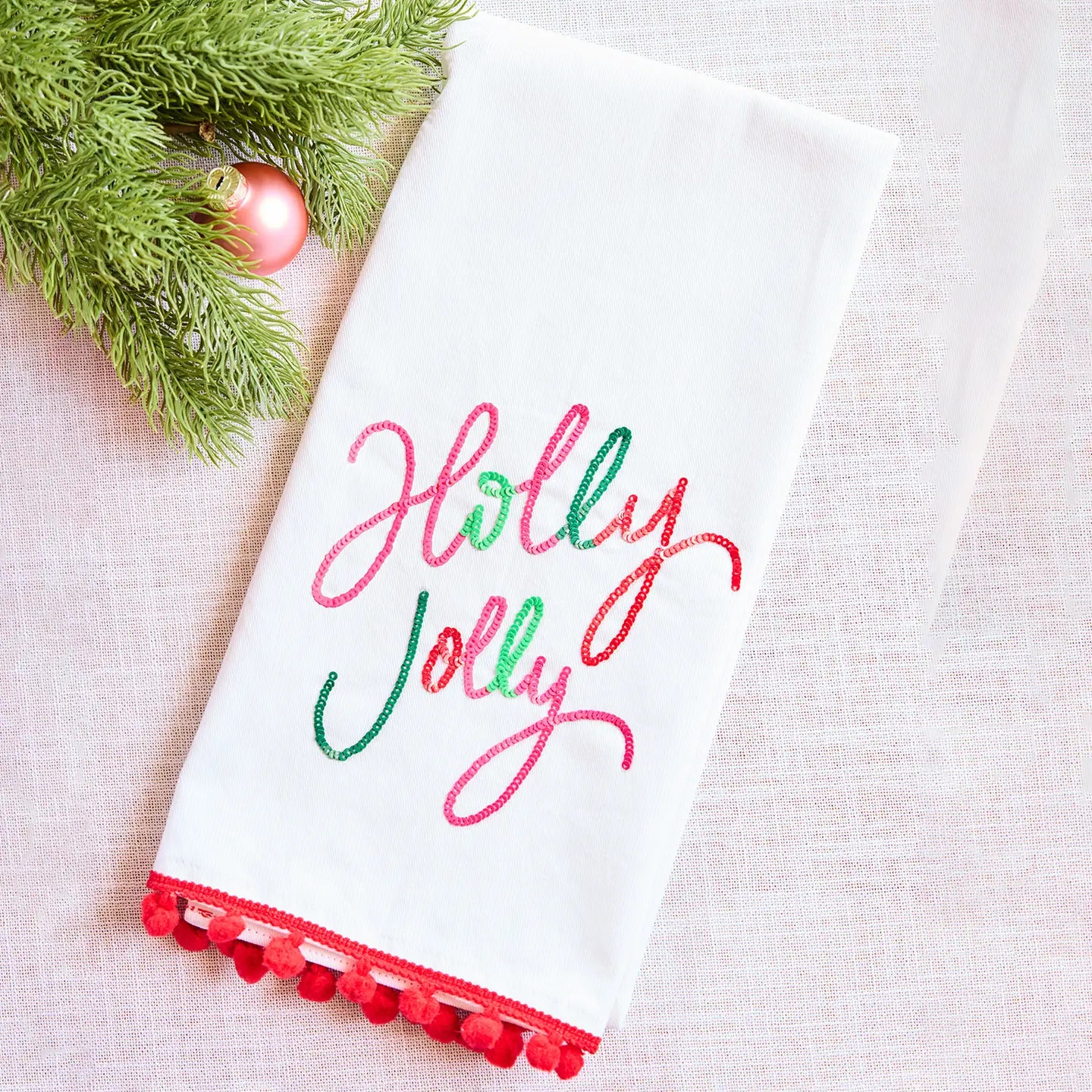 Holly Jolly Sequin Pom Tea Towel