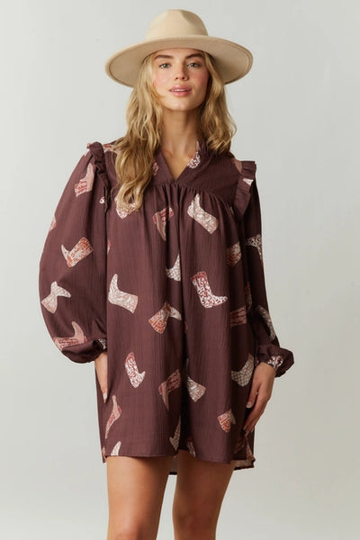 Brown Cowgirl Boots Mini Dress