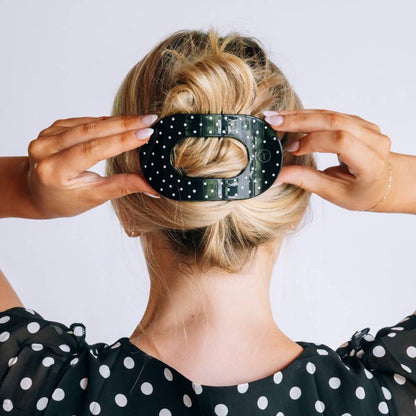 Round Flat TELETIE Clip | Large | Black Polka Dot Party