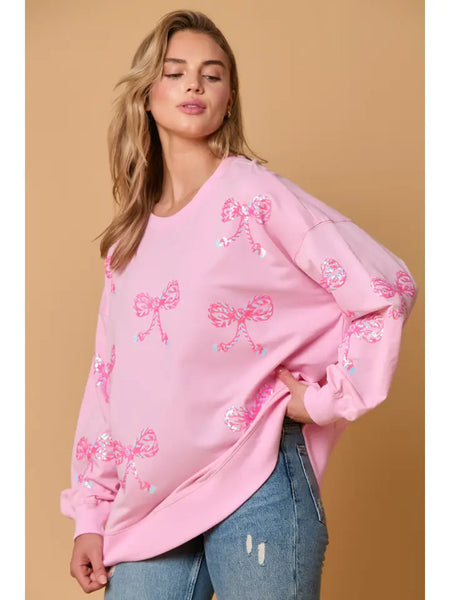 Pink Sequin Bow French Terry Pullover