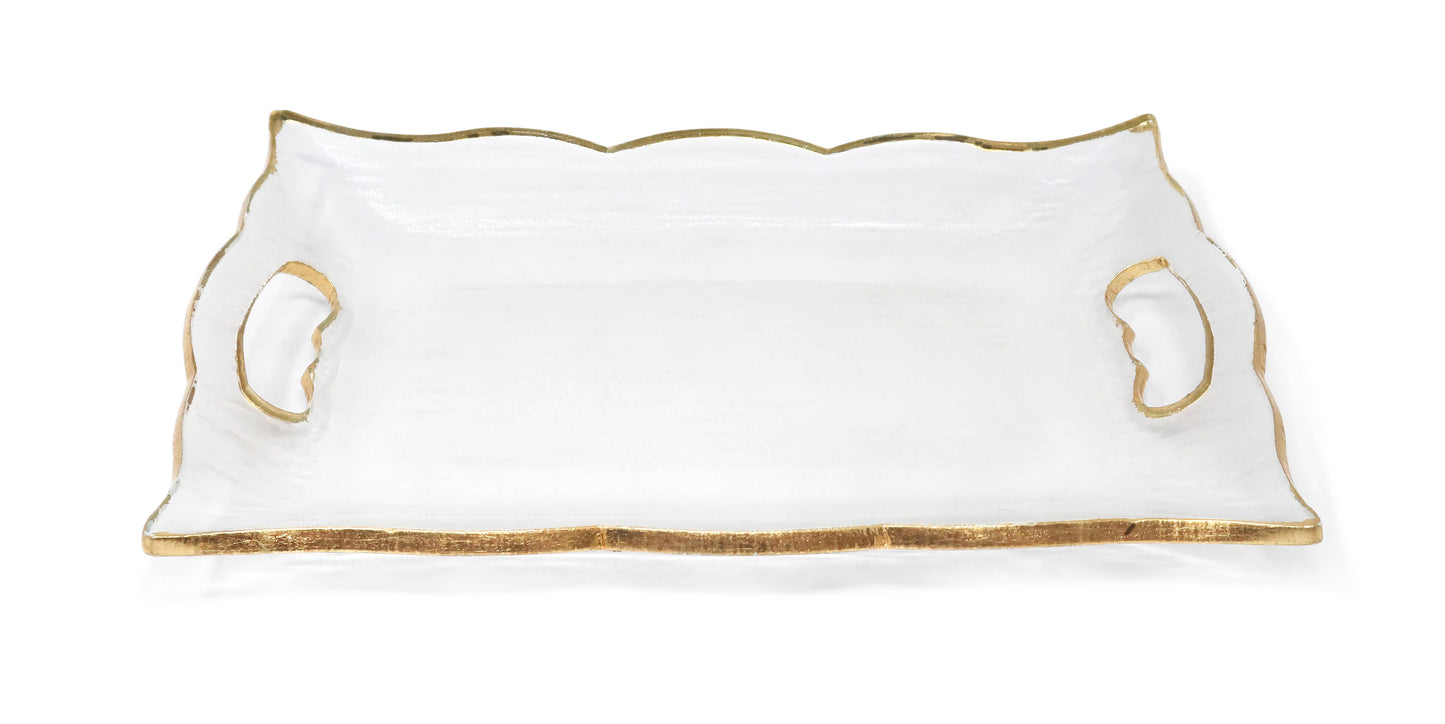 Medium Rectangular Glass Tray with Handles and Gold Rim