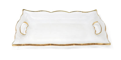 Medium Rectangular Glass Tray with Handles and Gold Rim