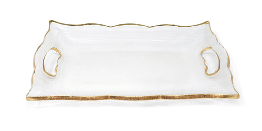 Small Rectangular Glass Tray with Handles and Gold Rim