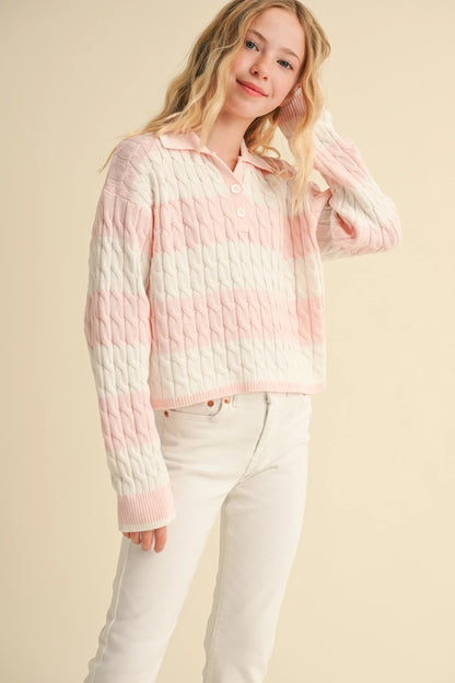 Tween Pink Long Sleeve Cable Knit Polo